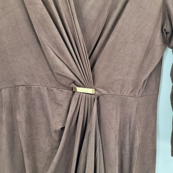 Vintage Faux Suede Mock Wrap 3/4 Sleeve Dress S Brown Stretch Native Peasant - Picture 4 of 8